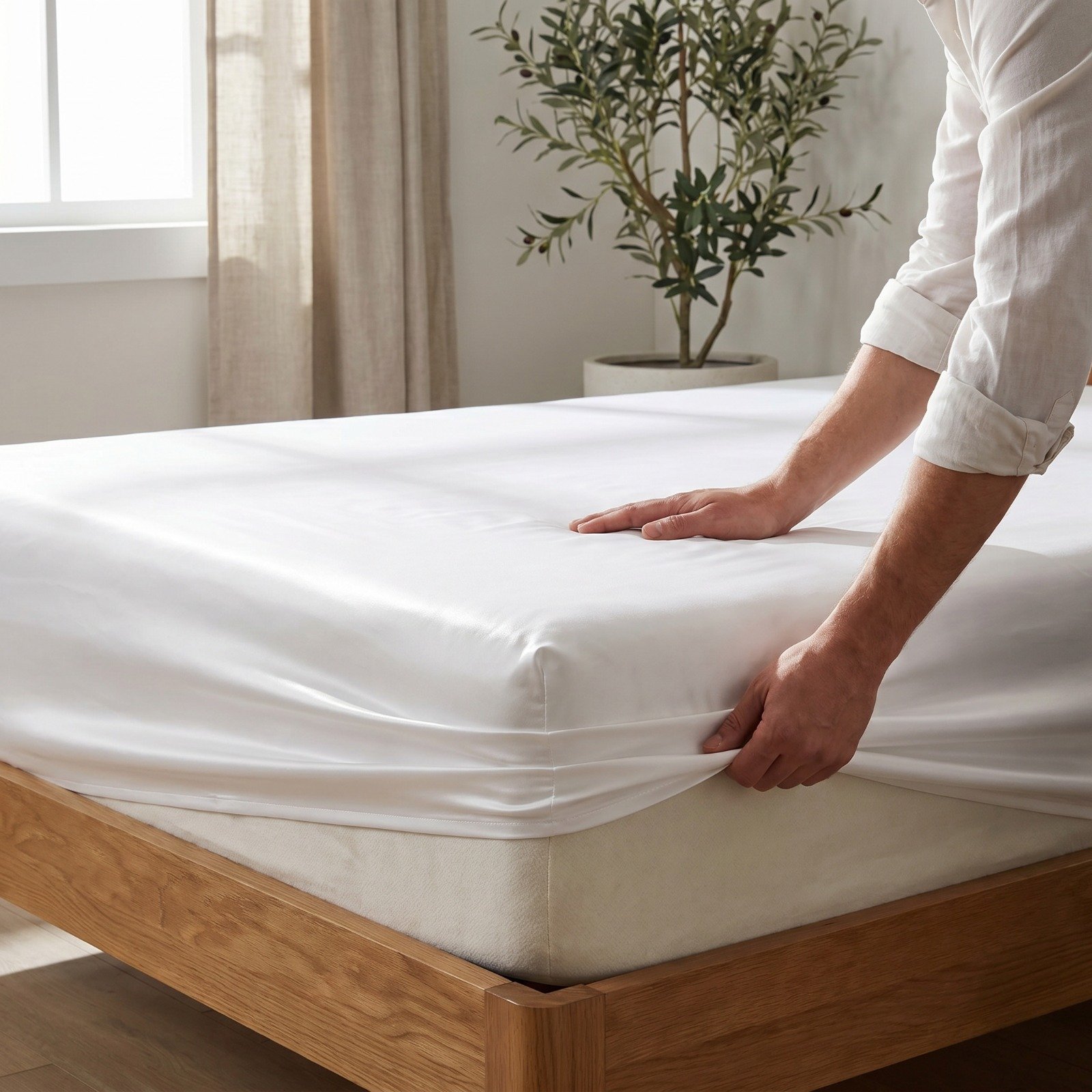 Fitted sheet putih terpasang di kasur