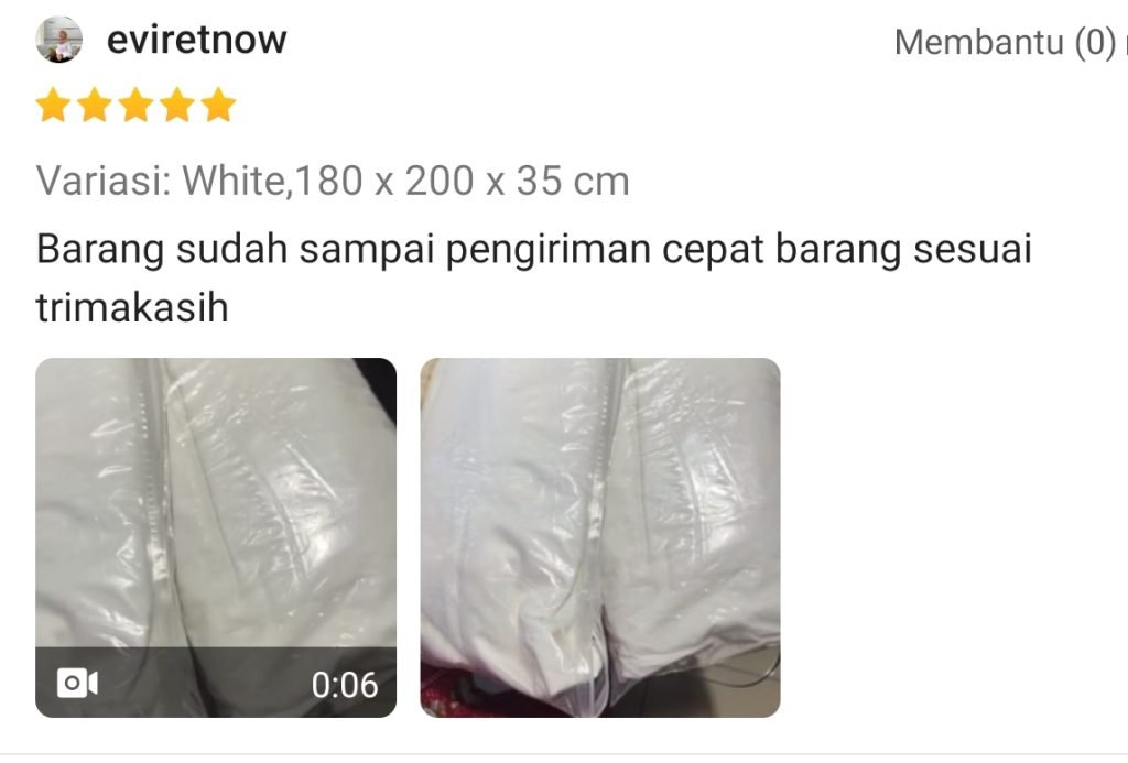 Ulasan bintang 5 dari eviretnow: "Barang sudah sampai, pengiriman cepat, barang sesuai, terima kasih." Variasi White 180 x 200 x 35 cm, dengan foto linen dalam kemasan.